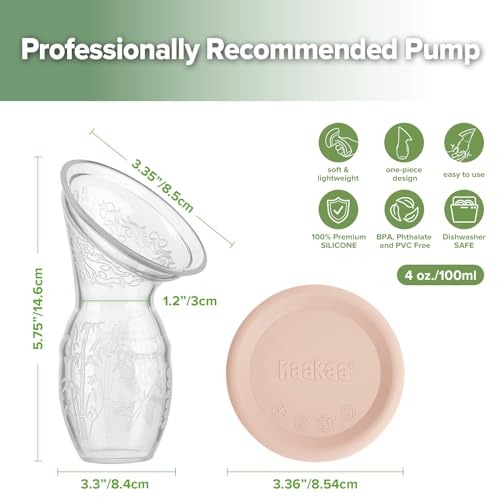 Haakaa Manual Breast Pump and Silicone Cap Combo for Nursing Mothers (Blush, 4oz. with Base)
